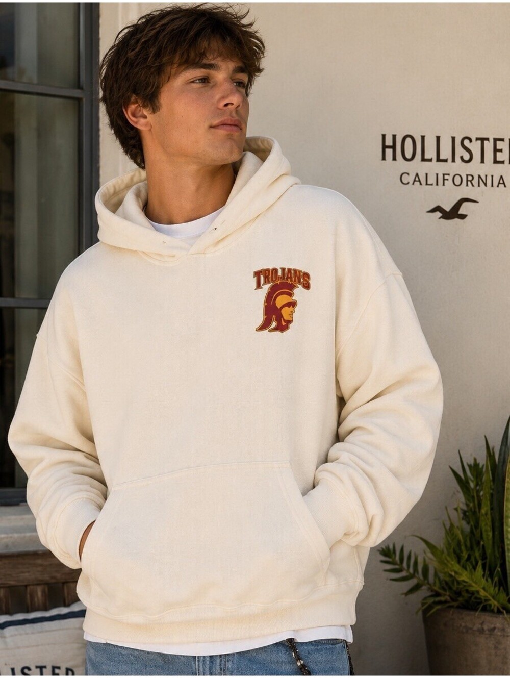 Hollister Blue 84 USC Trojans Hoodie XS Boxy Fit Cream NCAA College Graphic